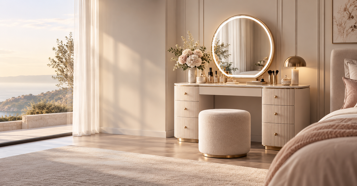 Alternative de hero non utilisee pour le moment, coiffeuse avec miroir lumineux dans une chambre elegante