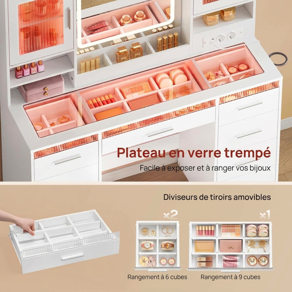 Coiffeuse WOLTU blanche - infographie plateau en verre trempé et séparateurs de tiroir amovibles, rangement 6 et 9 cases