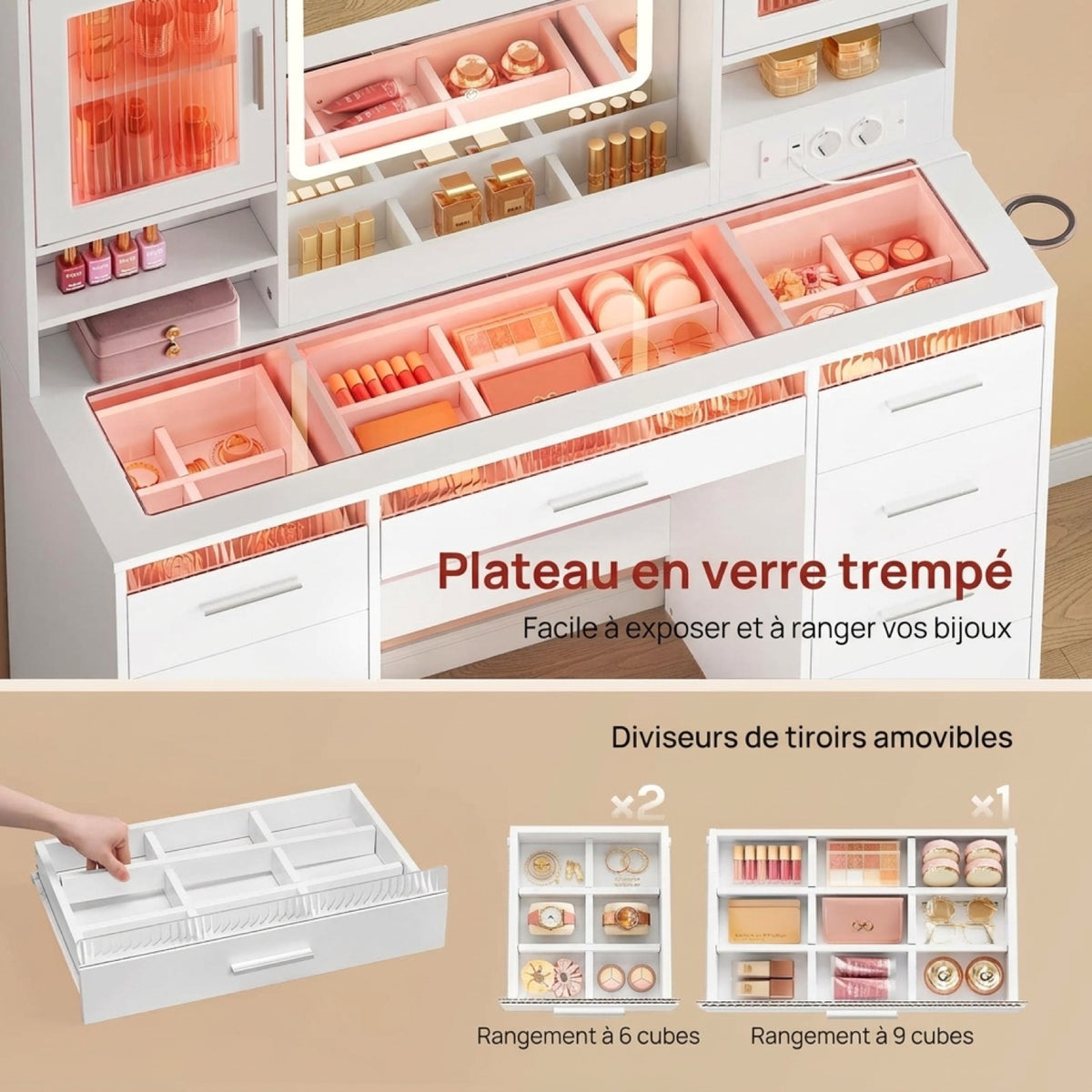 Coiffeuse WOLTU blanche - infographie plateau en verre trempé et séparateurs de tiroir amovibles, rangement 6 et 9 cases