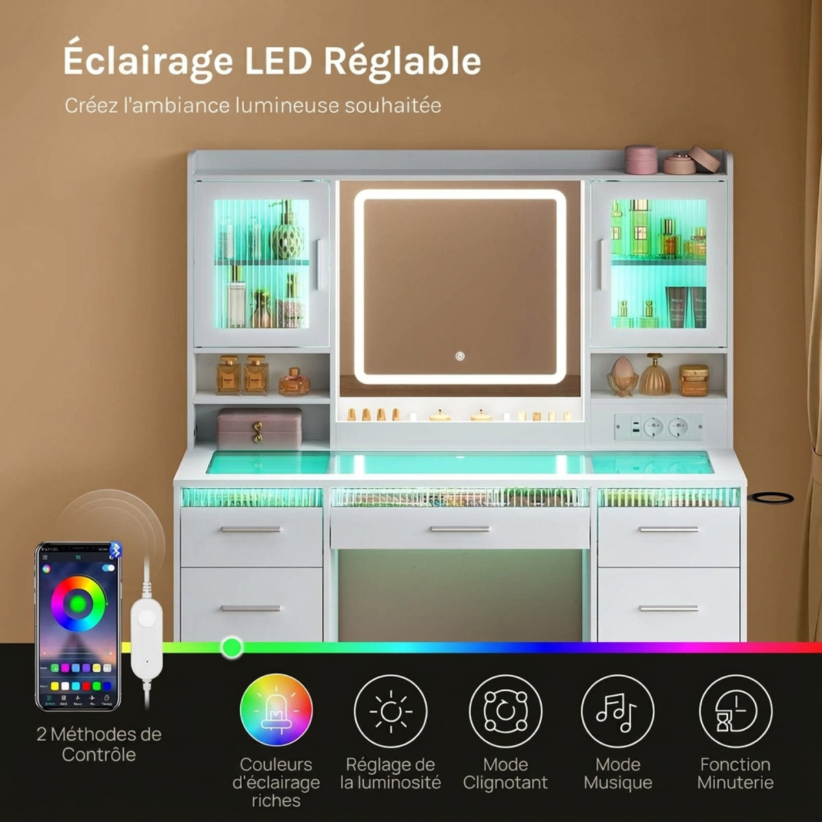 Coiffeuse WOLTU blanche - infographie éclairage LED réglable, 2 méthodes de contrôle et 5 fonctions d'éclairage