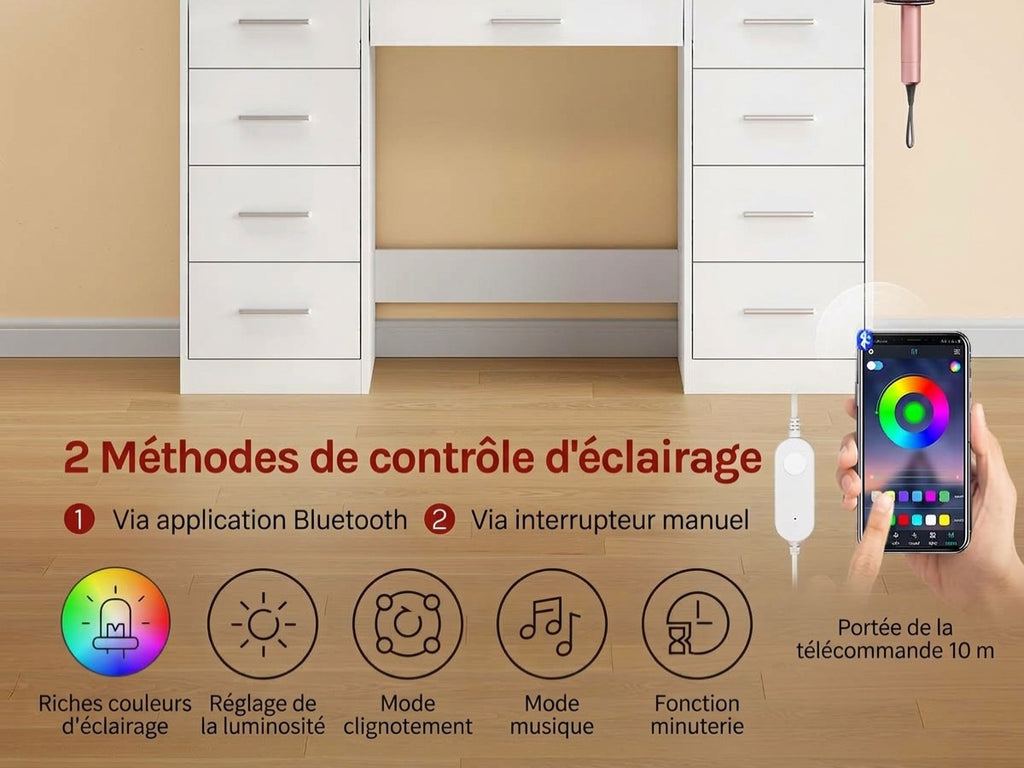 Coiffeuse WOLTU blanche - infographie 2 méthodes de contrôle de l'éclairage : application Bluetooth et interrupteur manuel, portée 10 m