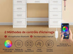 Coiffeuse WOLTU blanche - infographie 2 méthodes de contrôle de l'éclairage : application Bluetooth et interrupteur manuel, portée 10 m