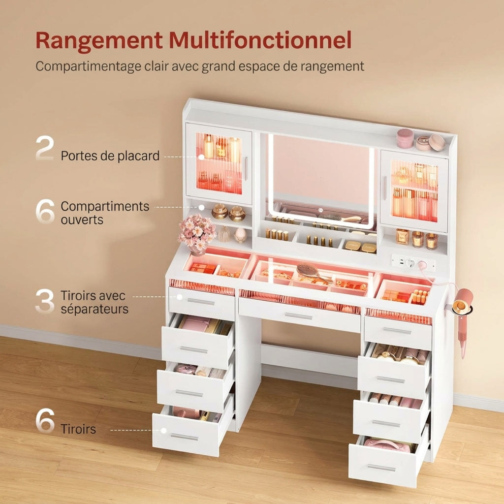 Coiffeuse WOLTU blanche - infographie rangement : 2 portes de placard, 6 compartiments ouverts, 3 tiroirs avec séparateurs, 6 tiroirs