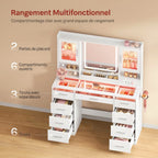 Coiffeuse WOLTU blanche - infographie rangement : 2 portes de placard, 6 compartiments ouverts, 3 tiroirs avec séparateurs, 6 tiroirs