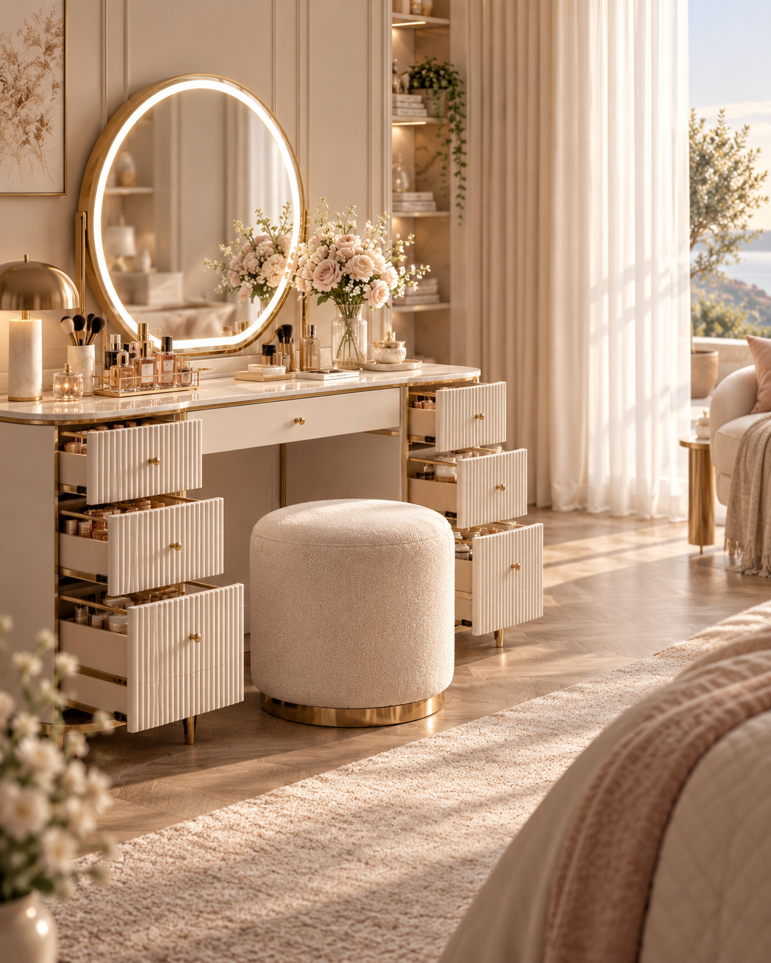 Coiffeuse avec tiroirs ouverts montrant du rangement organise pour produits de beaute