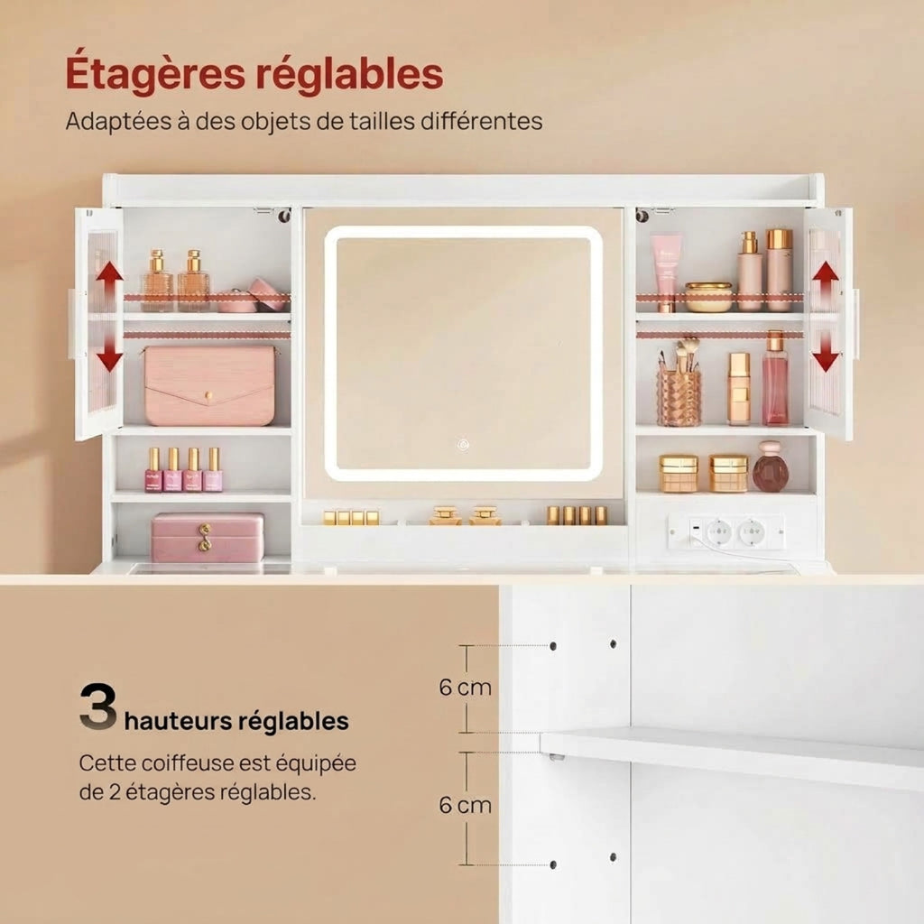 Coiffeuse WOLTU blanche - infographie étagères réglables sur 3 hauteurs, 2 étagères