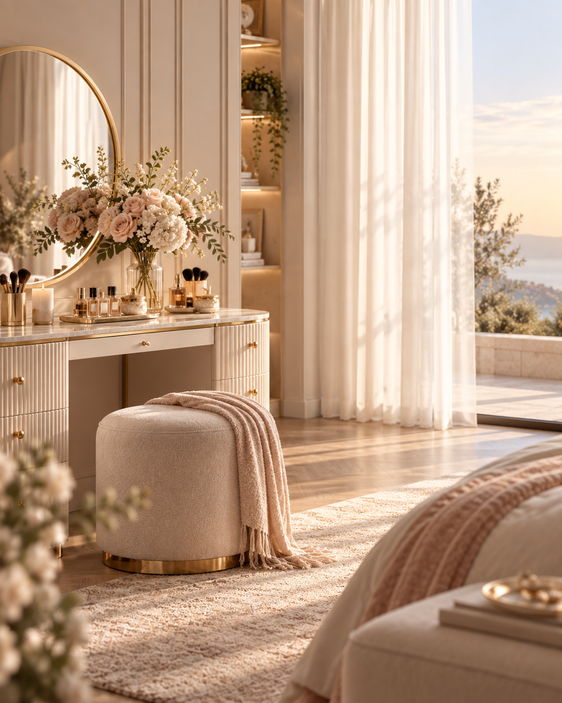 Ambiance chambre lumineuse avec coiffeuse, miroir lumineux et vue exterieure