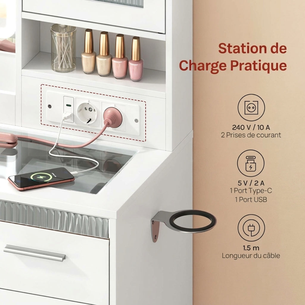Coiffeuse WOLTU blanche - infographie station de charge : 2 prises 240 V/10 A, ports Type-C et USB 5 V/2 A, câble de 1,5 m