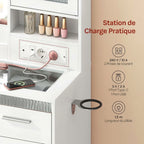 Coiffeuse WOLTU blanche - infographie station de charge : 2 prises 240 V/10 A, ports Type-C et USB 5 V/2 A, câble de 1,5 m