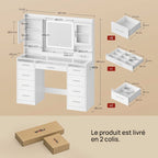 Coiffeuse WOLTU blanche - infographie dimensions en centimètres et livraison en 2 colis