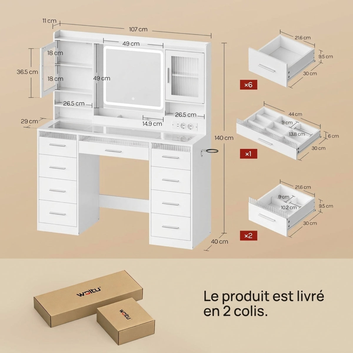 Coiffeuse WOLTU blanche - infographie dimensions en centimètres et livraison en 2 colis