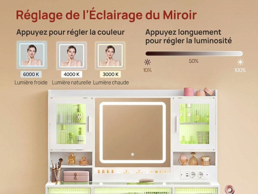 Coiffeuse WOLTU blanche - infographie réglage de l'éclairage du miroir : 6000 K, 4000 K, 3000 K et luminosité de 10 % à 100 %