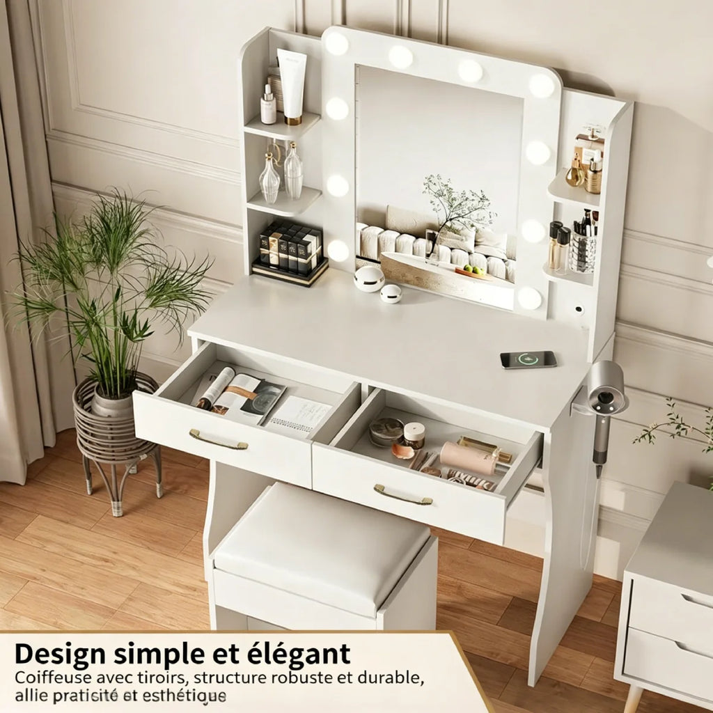 Coiffeuse Studio Compacte ELMEVIA - tiroirs ouverts