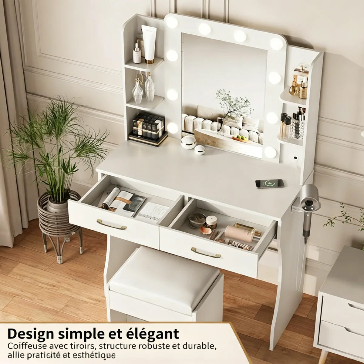 Coiffeuse Studio Compacte ELMEVIA - tiroirs ouverts