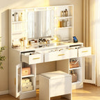 Coiffeuse Cristal ELMEVIA avec miroir LED, caissons vitrés et tabouret