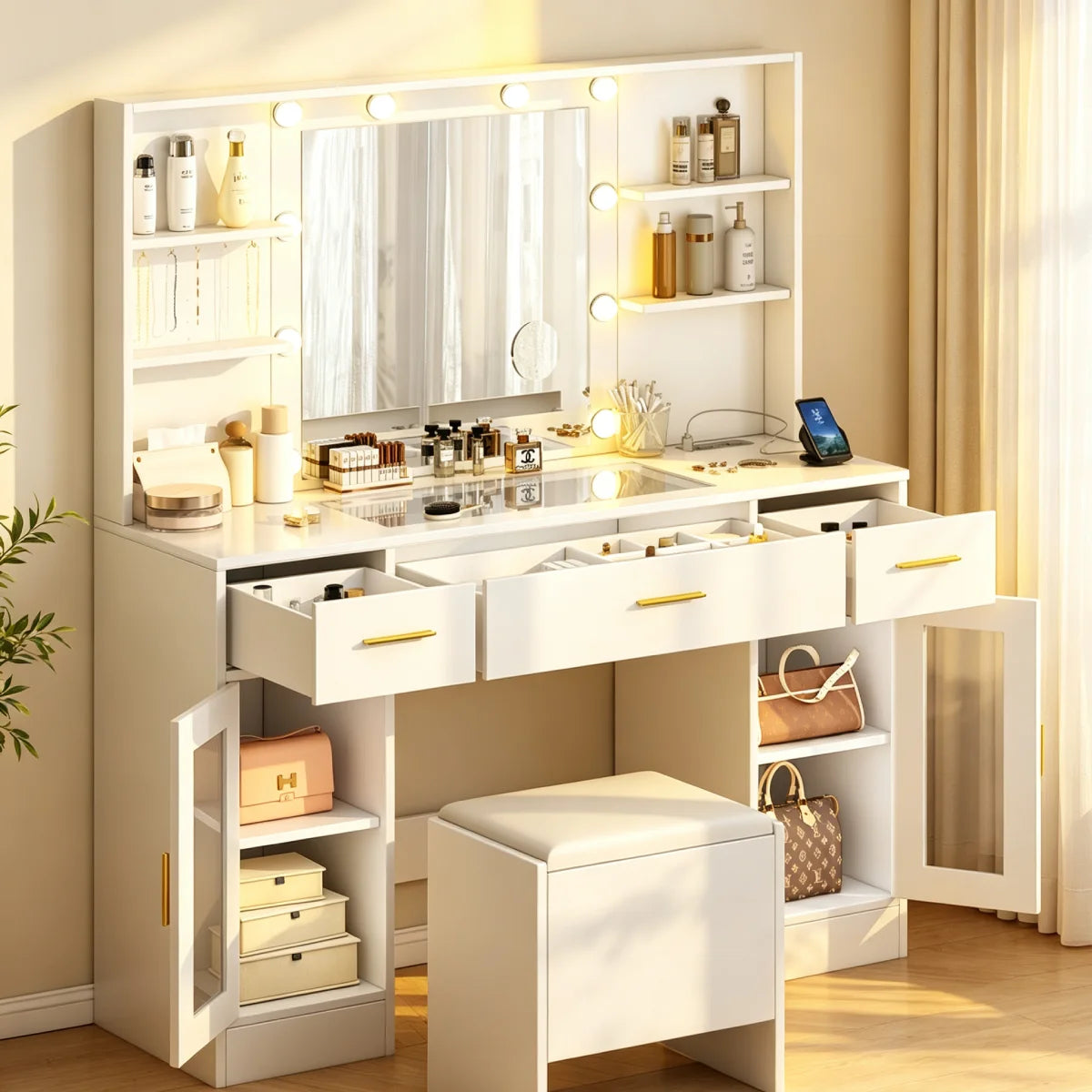 Coiffeuse Cristal ELMEVIA avec miroir LED, caissons vitrés et tabouret