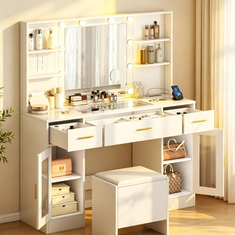 Coiffeuse Cristal ELMEVIA avec miroir LED, caissons vitrés et tabouret