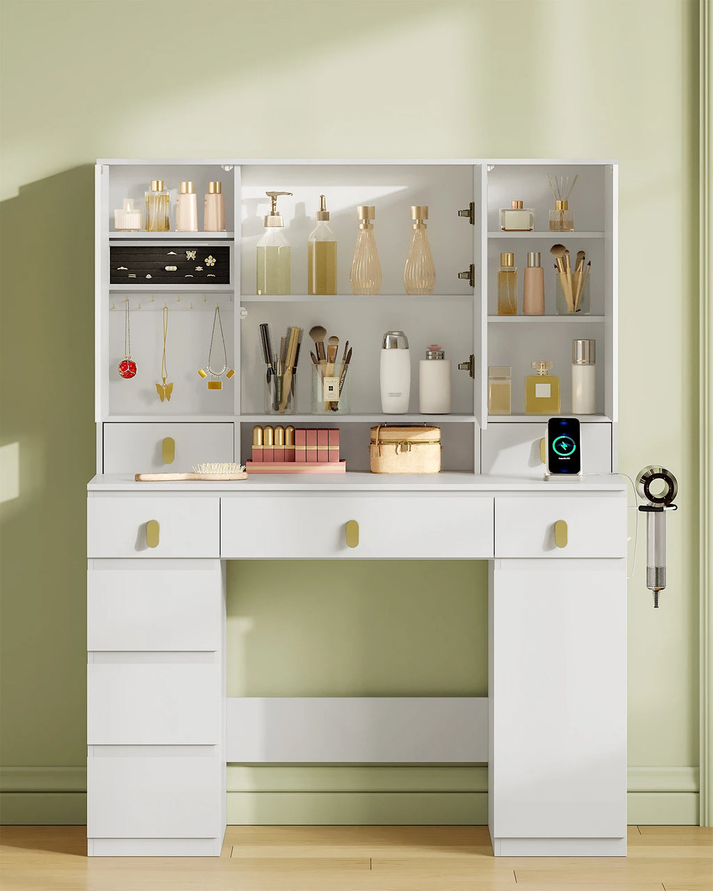 Coiffeuse Élite ELMEVIA rangements intérieurs du miroir cabinet ouverts