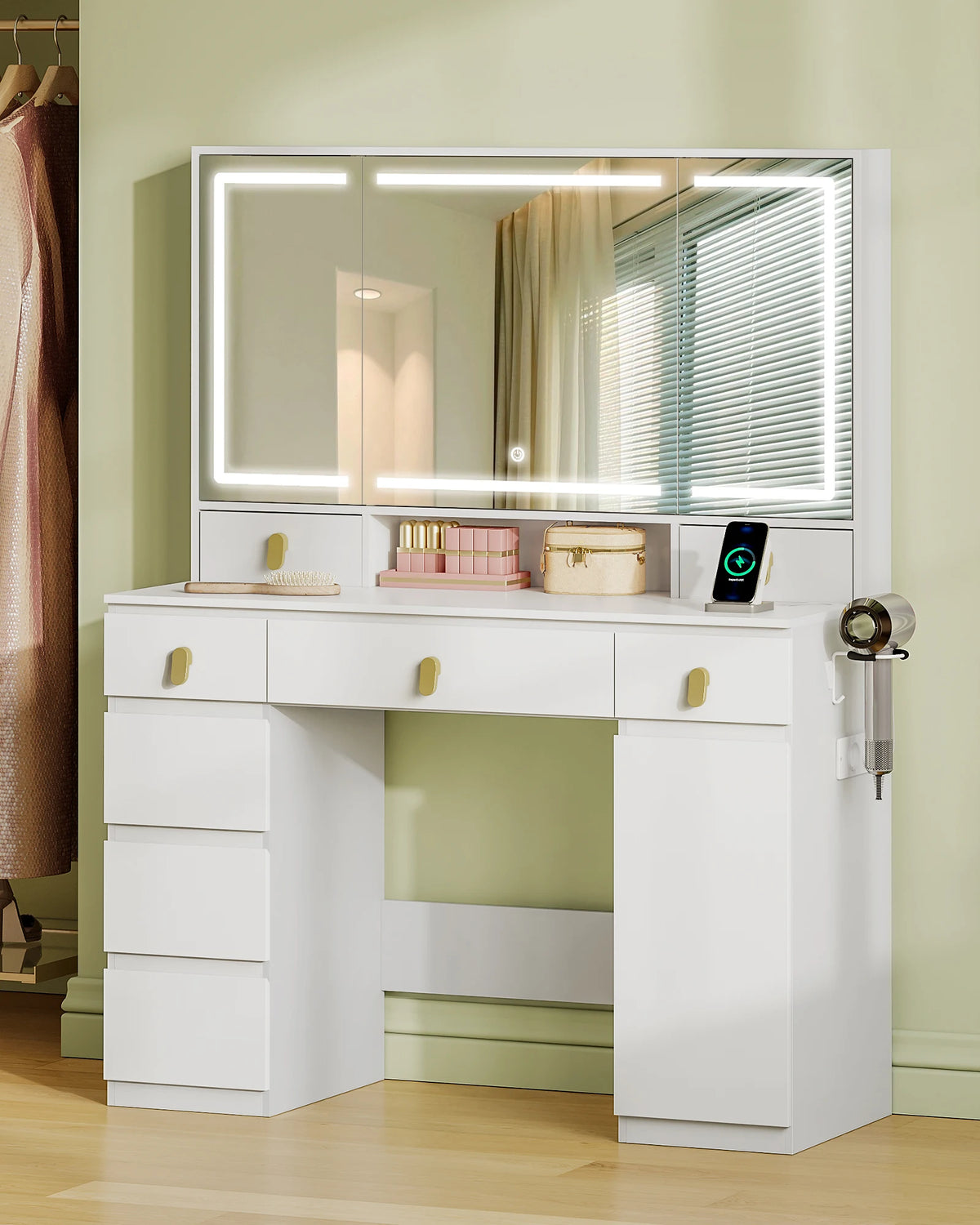 Coiffeuse Élite ELMEVIA avec miroir cabinet LED et support sèche-cheveux
