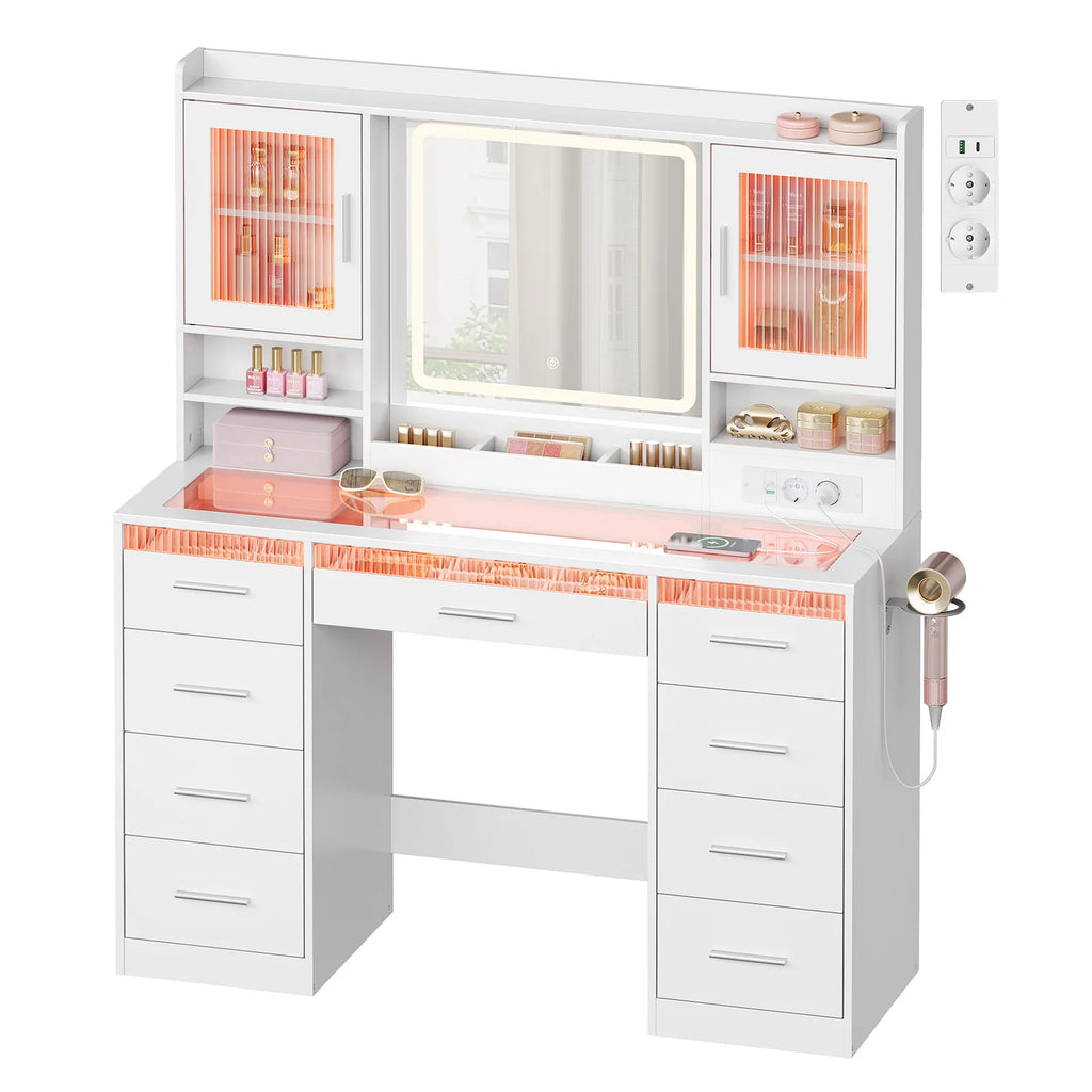 Coiffeuse WOLTU blanche avec miroir, 9 tiroirs et 2 armoires - vue de face