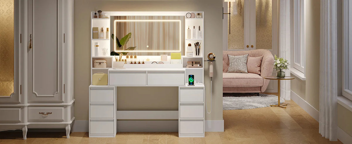 Coin beauté ELMEVIA élégant, ambiance chambre premium blanc et doré