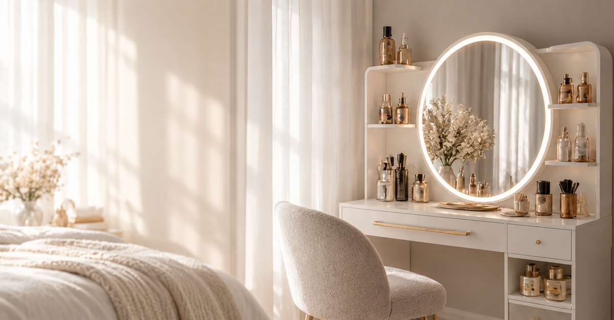 Coin beauté ELMEVIA avec coiffeuse et miroir lumineux